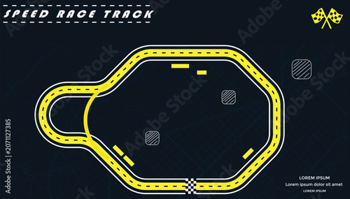 Road track or Race track in yellow color isolated on dark background with a street map.