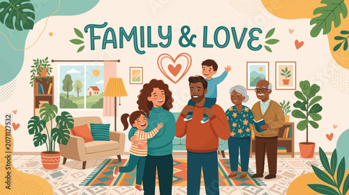 Foto Happy multi-ethnic family with children and grandparents enjoying time together