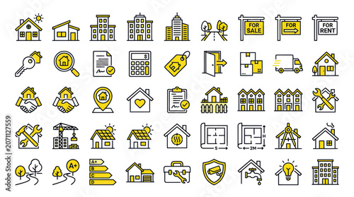 Fotografie Real Estate Icons Set: Houses, Buildings, Sale, Rent, Keys, Loans, Plans