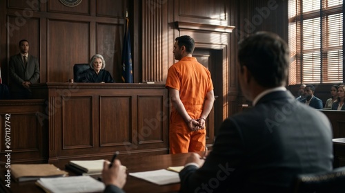 Accused White Male Prisoner Standing in Courtroom Before Judge and Jury in Orange Jumpsuit. Formal legal trial inside a wood paneled courthouse with defense counsel and public gallery.