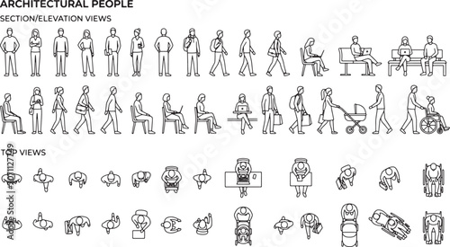 Architectural people vector set with elevation and top views for interior design floor plans and urban planning scale drawings