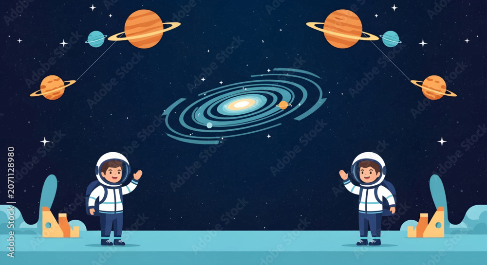 Naklejka premium Two cartoon astronauts wave hello in outer space with planets and galaxy.
