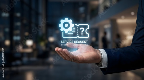 Digital Service Request Management Concept with Holographic Support Ticket and Workflow Automation Interface