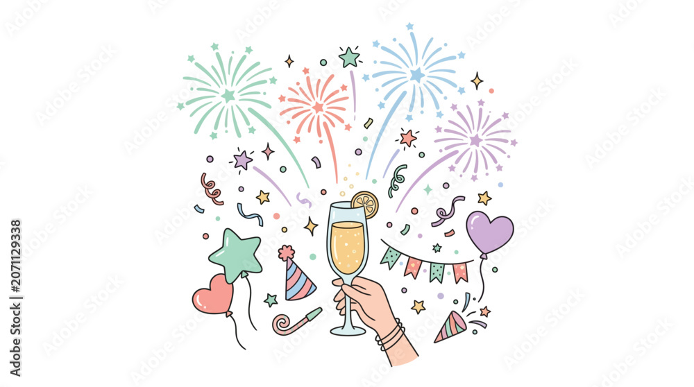 Fototapeta premium A hand holds a champagne flute amidst colorful fireworks and party decorations celebrating a festive occasion.