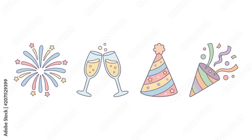 Obraz premium Celebration scene with fireworks, champagne glasses, party hat, and confetti outdoors