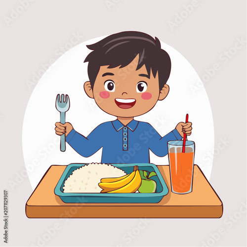 Happy boy eating a healthy lunch with juice