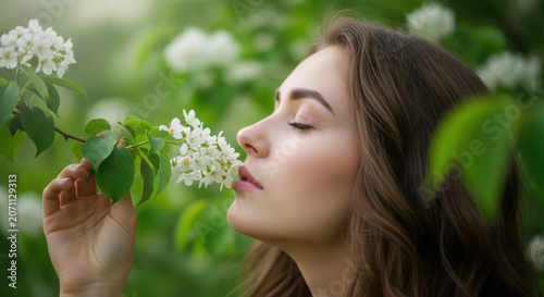 Young woman inhaling fragrance of white flowers in lush green garden