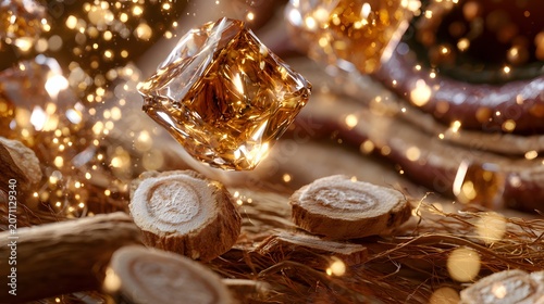 Licorice Root Extract Slices with Golden Botanical Essence Splash for Herbal Medicine and Skincare Ingredient Concept