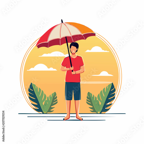 Man holding a colorful umbrella in a sunny outdoor scene