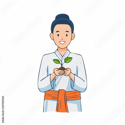 Person holding a small plant with soil and leaves