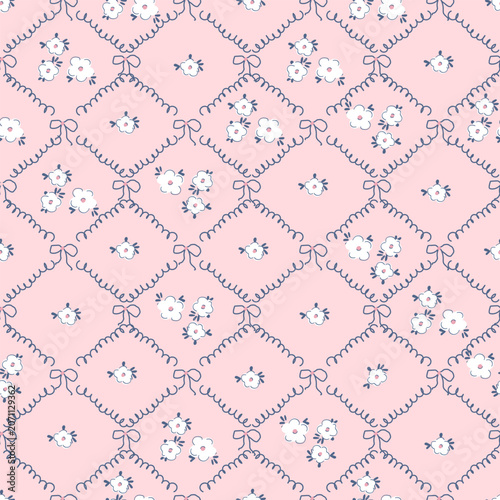 Seamless coquette floral pattern vector with tiny white flowers in ribbon bow lattice on pink background. Vintage cottagecore quilted wallpaper illustration for fabric, textile print, wrap.