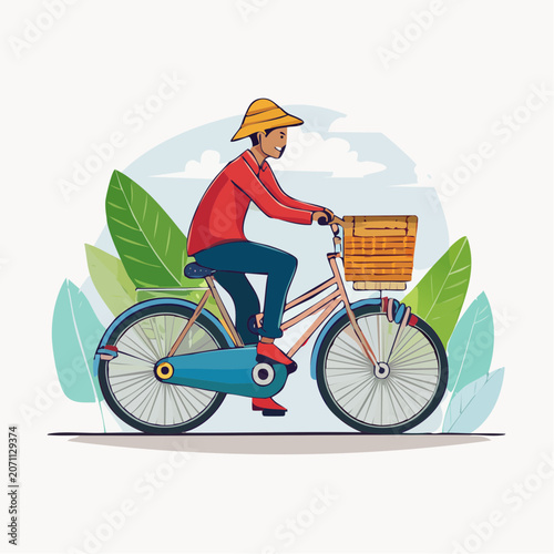 Person in hat riding a bicycle with a basket