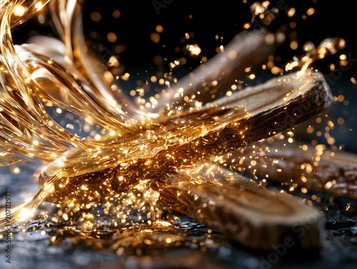 Licorice Root Extract Slices with Golden Botanical Essence Splash for Herbal Medicine and Skincare Ingredient Concept