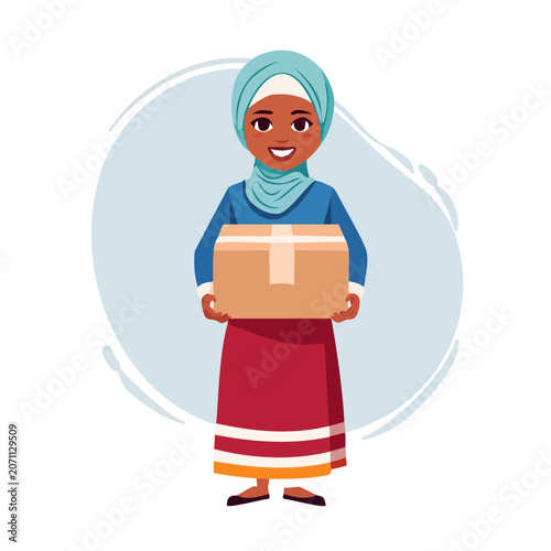 Woman in hijab holding cardboard box, flat vector illustration
