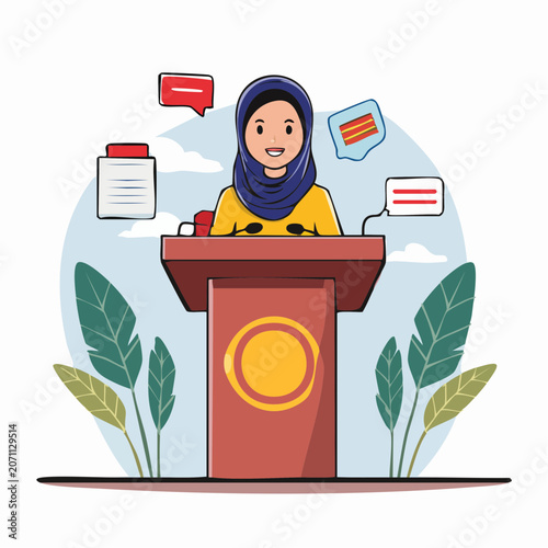 Woman in hijab speaking at a podium with speech bubbles
