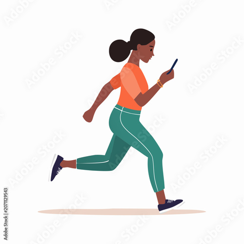 Woman running while looking at her smartphone