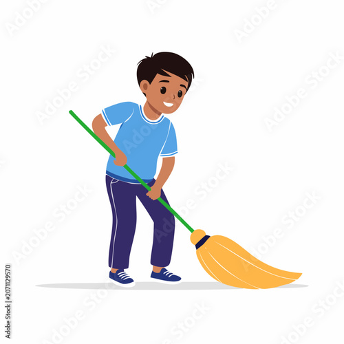 Boy sweeping floor with broom