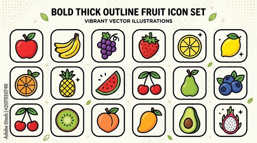 Bold thick outline fruit icon collection set.