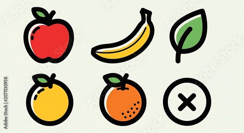 Colorful fruits and vegetables vector illustration set.