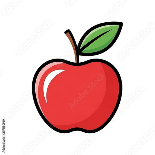 Red heart shaped apple with green leaf on white background.