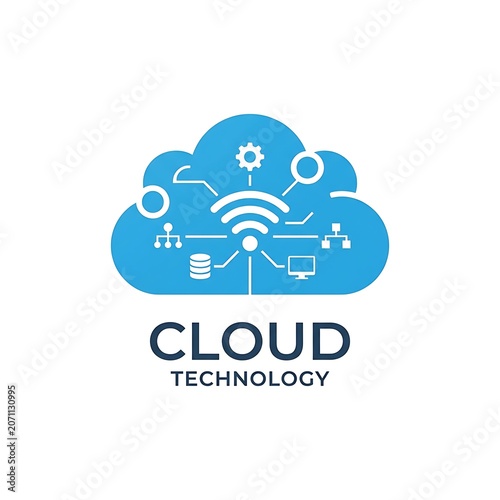Blue cloud technology icon with data flow.