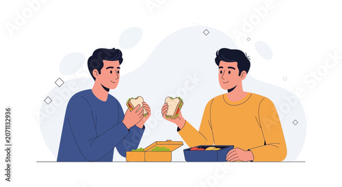 Two friends enjoying sandwiches and lunch boxes, modern flat illustration style, concept of friendship and healthy eating