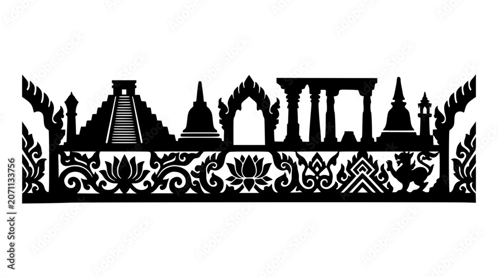 Obraz premium Southeast Asian architectural landmarks and traditional floral pattern silhouette on white background