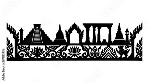 Southeast Asian architectural landmarks and traditional floral pattern silhouette on white background