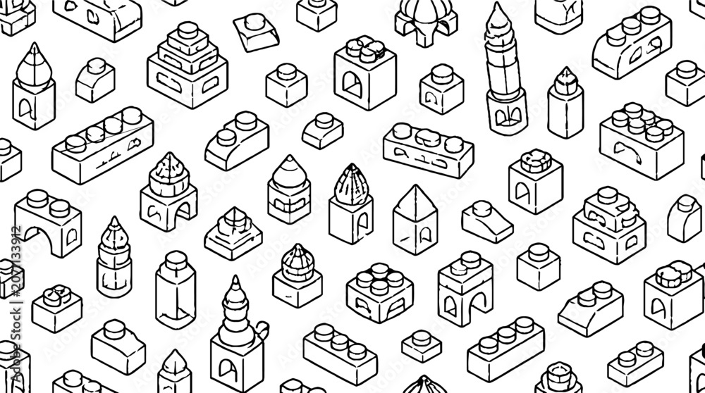 Naklejka premium Detailed black and white Lego brick illustrations.