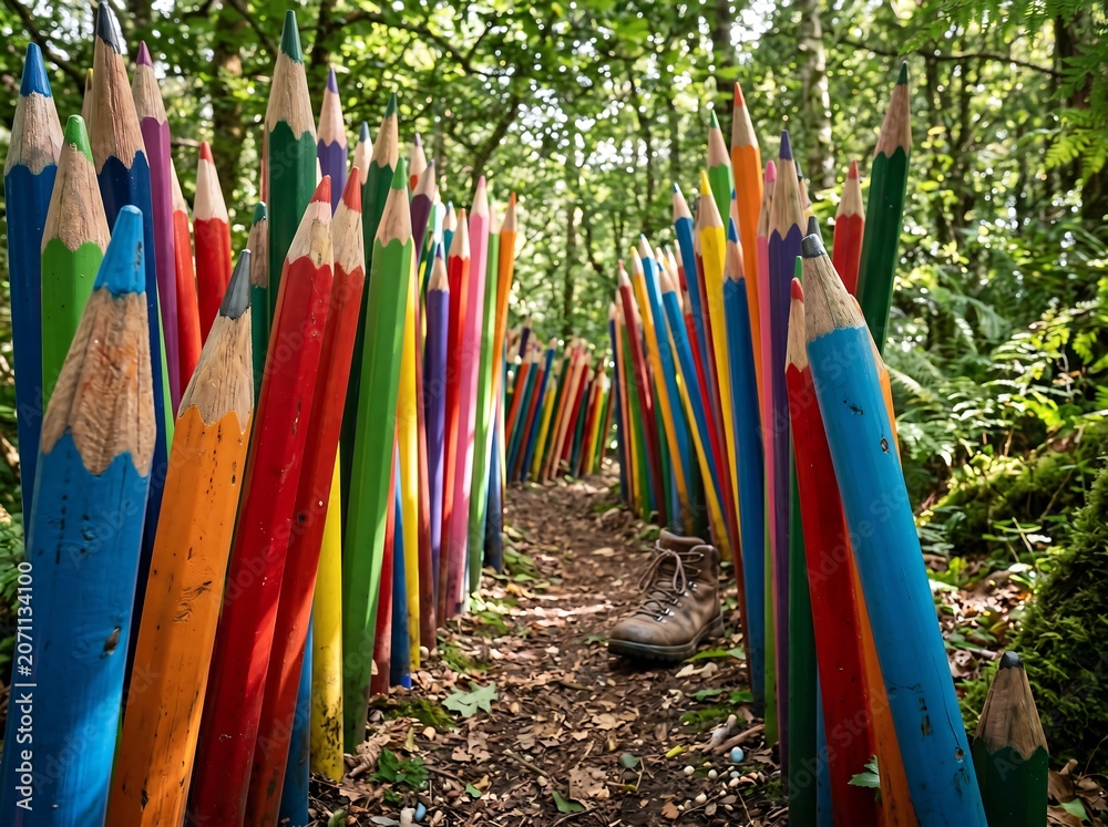 Fototapeta premium Colorful Giant Pencils Art Installation Along a Forest Path in Nature