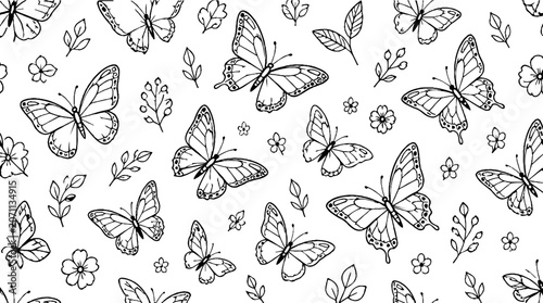 Elegant Butterfly and Floral Line Art Illustration.
