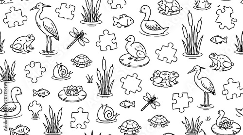 Detailed black and white nature and puzzle elements illustration.