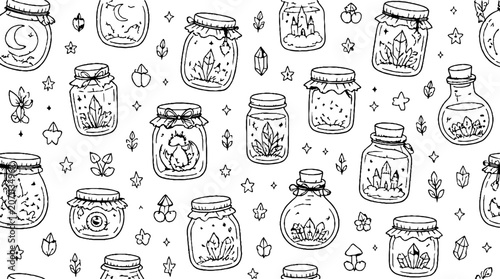 Whimsical Glass Jar Illustrations with Nature and Fantasy Themes.