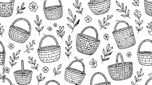 Hand Drawn Wicker Baskets and Floral Elements Pattern.