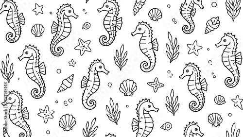 Playful seahorses and marine life black and white illustration.