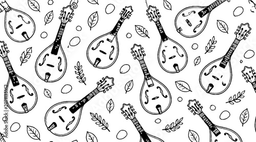 Repeating mandolin instruments with leaves pattern design.