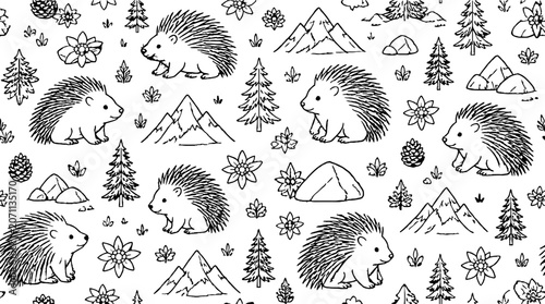 Whimsical hedgehog and mountain forest pattern design.