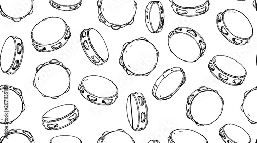 Black and white illustration of tambourine instruments scattered.