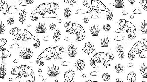 Detailed Chameleon and Plant Line Art Illustration.