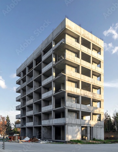 A tall, multi-story building frame of concrete under construction, bathed in sunlight against a blue sky. It lacks exterior walls