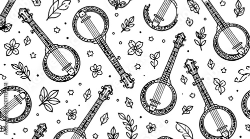 Vintage Banjo Instruments with Floral Designs Pattern.