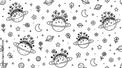 Whimsical planetary pattern with flowers and stars.