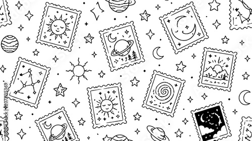 Space and astronomy themed seamless pattern design.