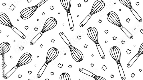 Repeating Pattern of Whisks and Stars on White.