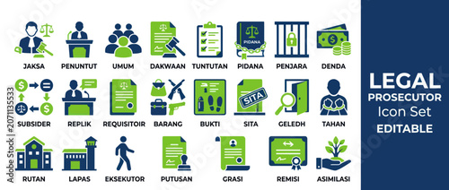 Foto Legal Prosecutor Icon Set: Justice, Law, Court, Crime, Evidence, Prison, Money