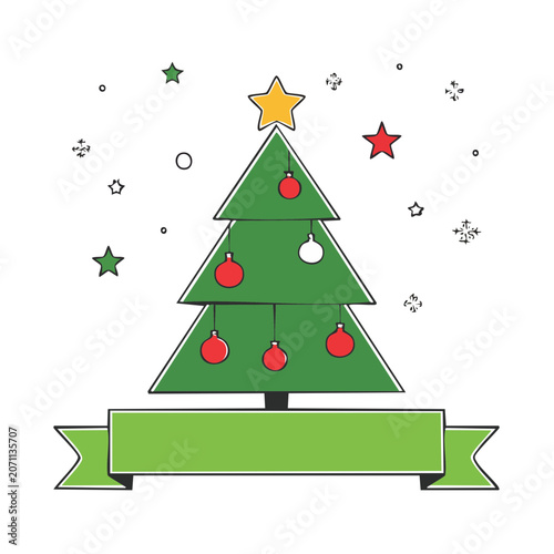 Flat Christmas tree illustration with ornaments and banner