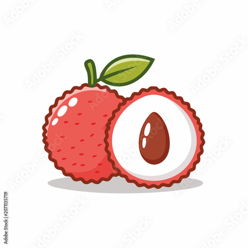 Flat design illustration of a whole and a half lychee fruit
