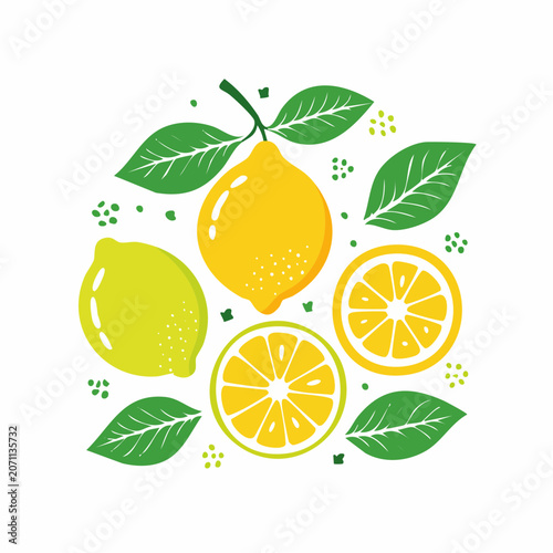 Flat design illustration of lemons and leaves