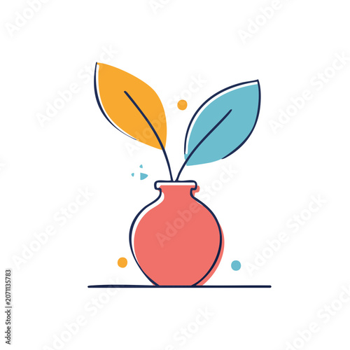 Flat vector illustration of a red vase with colorful leaves