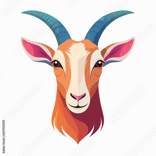 Stylized illustration of a goat head with blue horns